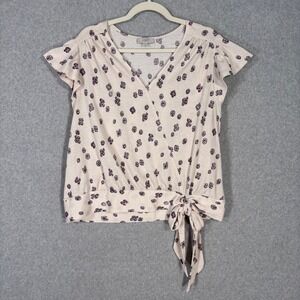 Loft Gauze Faux Wrap Blouse Large Cream Floral Dainty Feminine Peasant Boho